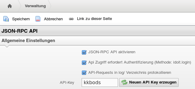 Screenshot: API konfigurieren